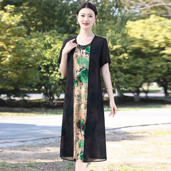 DIU 夏季休閒假兩件連衣裙五十歲中老年氣質時尚媽媽夏裝印花新款裙子, 4XL 130-145斤