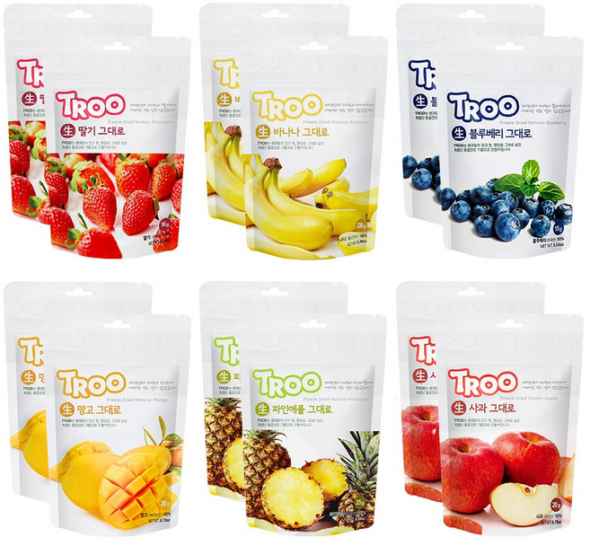 TROO 동결건조 과일칩 6종 딸기+블루베리+사과+바나나+파인애플+망고, 124g, 2세트