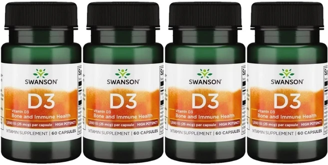 Swanson 스완슨 비타민D1000 Vitamin D3 1000 IU 25mcg 필수비타민 60정 4개, 4팩 - 쿠팡