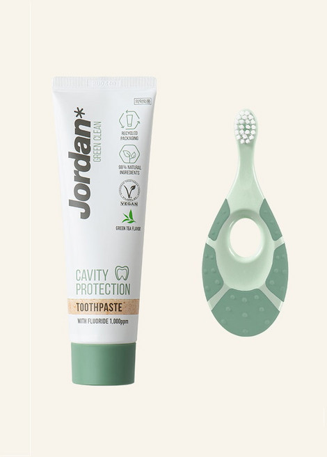 불소 1000 조르단 비건 치약 고불소 친환경 베이비 아기 칫솔 그린클린 1단계 세트, 1개, 그린, 1개