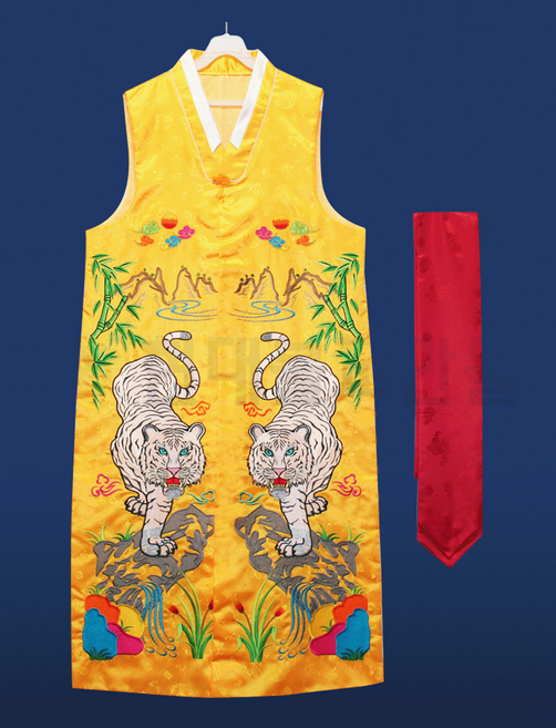 양단 백호랑이 쾌자(노랑) 민소매 노란색 한복조끼 답호 전복 괘자, 1개