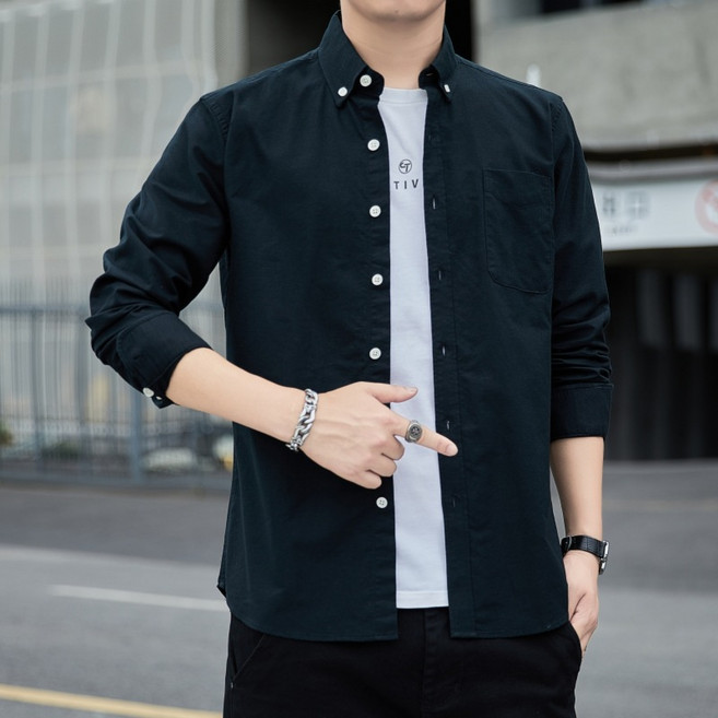 男士襯衫2024春秋季男士長袖修身襯衣純色百搭男士商務休閒上衣棉