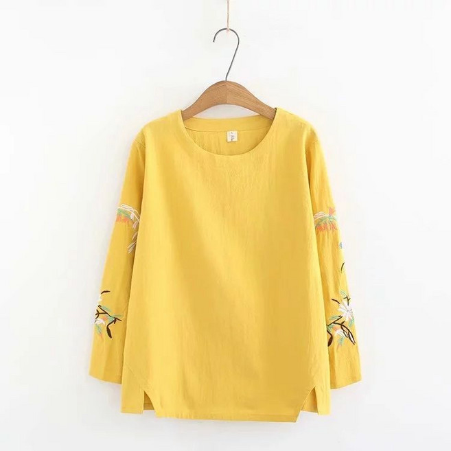 Makone 여성 순면 자수 긴팔 빅사이즈 베이직 루즈핏 티셔츠