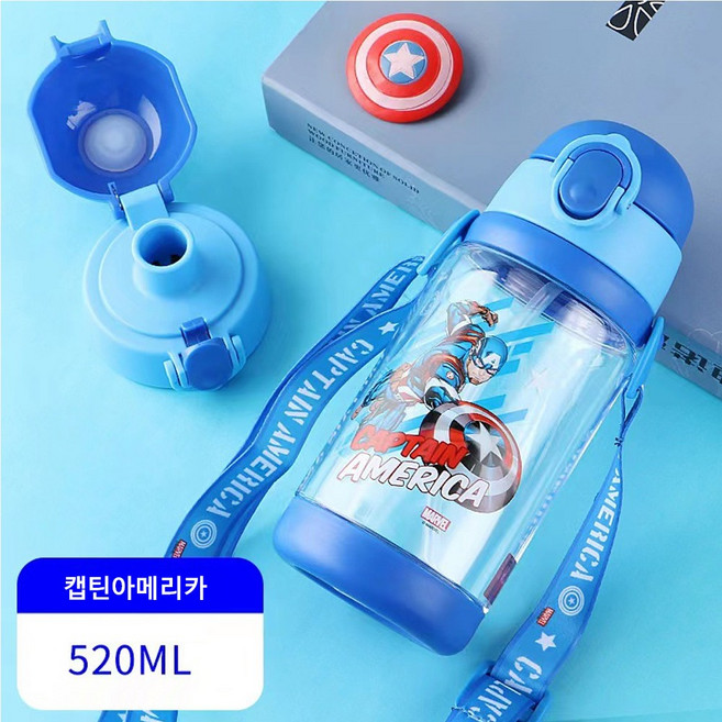 디즈니 원터치 물병 물통 트라이탄 보틀 빨대뚜껑+직수뚜껑 세트, 1개, 520ml, 캡틴아메리카