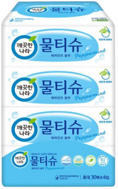 깨끗한나라 물티슈 페퍼민트 블루 휴대형 30매 4입, 95g, 30개입, 4개