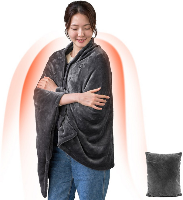 Moteur KC인증 입는 발열 담요 조끼 두꺼운 극세사 3단 조절 발열 숄 USB 방한 망토 지퍼형 쿠션 변신 겨울 사무실 캠핑 전기 무릎담요 난방비 절약