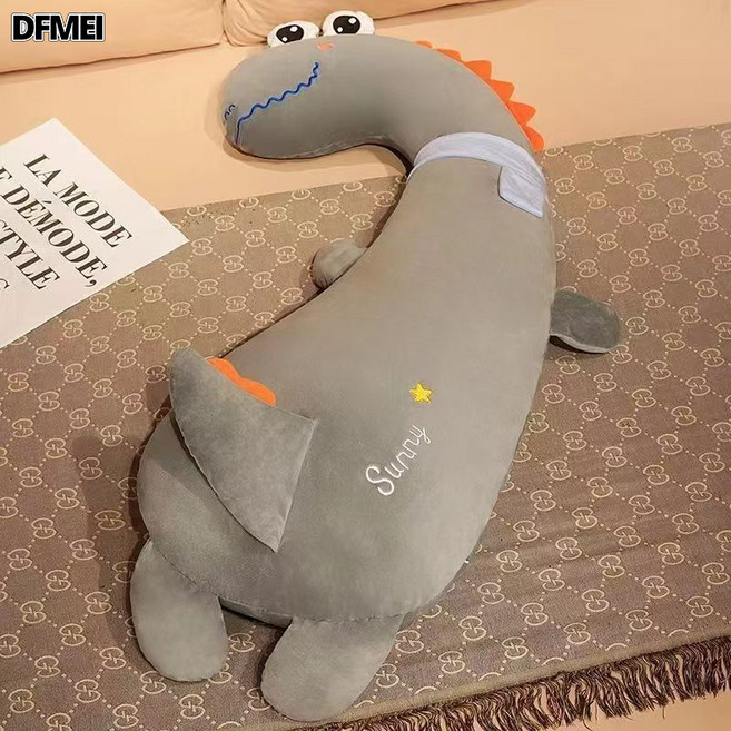DFMEI 冰絲長條抱枕睡覺大人兒童男側睡夾腿抱睡公仔玩偶可拆洗, 灰恐龍【超柔親膚材質】