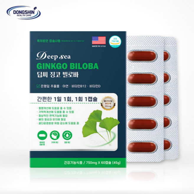 딥씨 징코 빌로바 (750mg) 2개월분 은행잎 추출물 혈행개선 기억력개선에 도움, 1박스, 60정