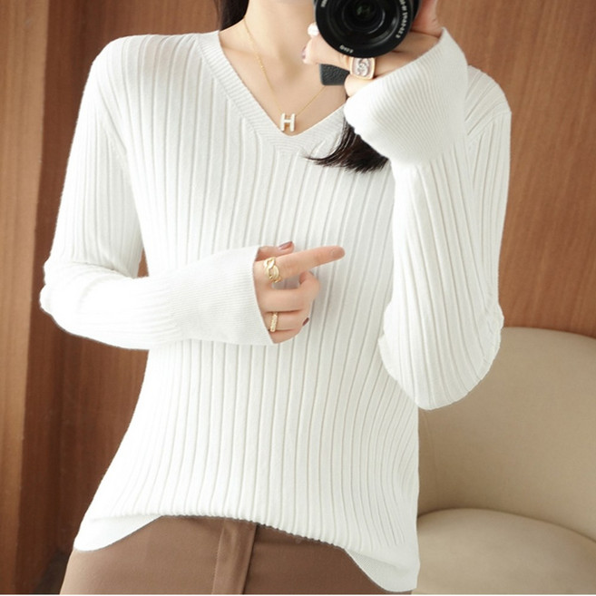 베르슈어 여성 슬림핏 골지 니트 브이넥 스웨터