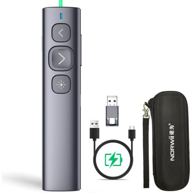 USB-A C 수신기가 있는 Norwii N95 프레젠테이션 클리커 원격 프레젠테이션용 파워포인트 충전식 무선 포인터 PC/노트북/전자책용 슬라이드 어드밴스터 그린 USB-AC, Green Light, BLE&USB-A&C