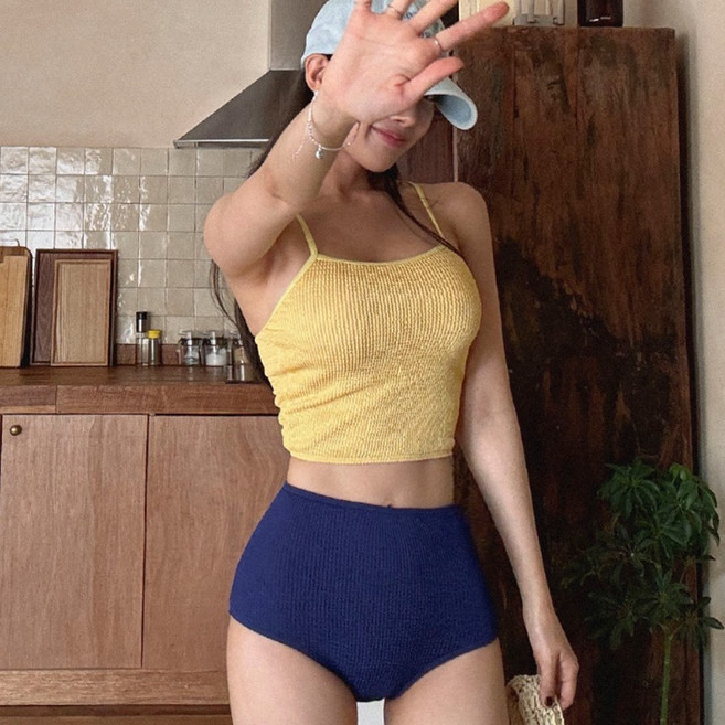 떳다그녀 뉴로 링클 크롭비키니 탱크탑 하이웨스트 투피스 탱키니셋업 비키니세트, 옐로우