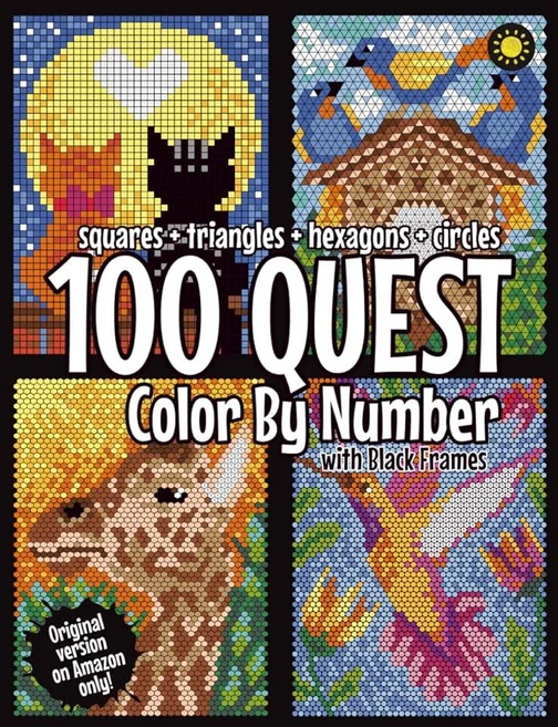 100 QUEST Color By Number: Squares + Triangles Hexagons Circles BLACK backgrounds: color quest act, 100 QUEST Color By Number: Squ - 쿠팡
