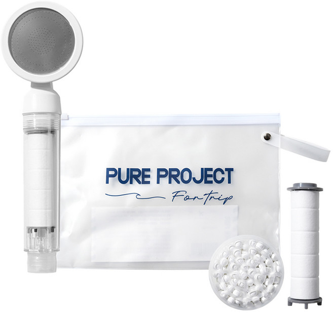 퓨어프로젝트 필수 해외여행용 샤워기헤드 + 휴대용 파우치 세트, 샤워기1개+바디필터1개+헤드필터1개+파우치1개, 1개