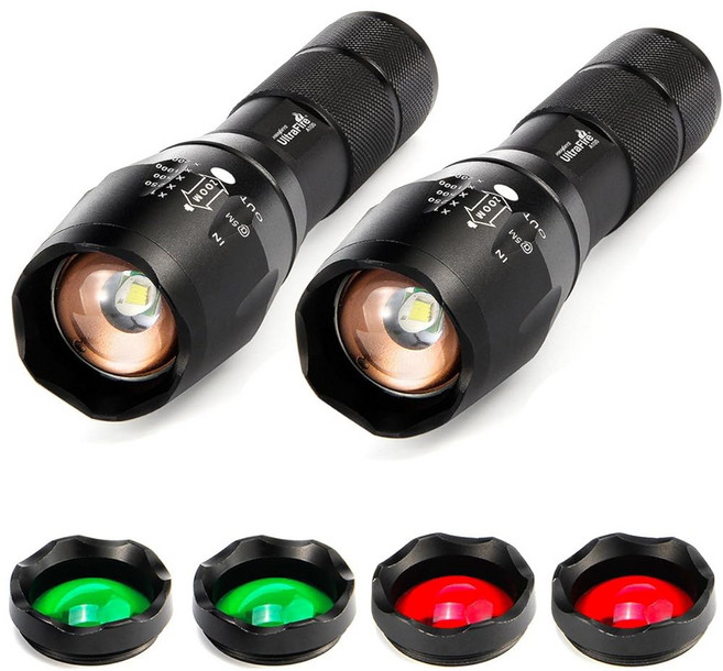 울트라파이어 2팩 A100 LED 헌팅 손전등 800루멘 3색-라이트 전술 손전등 5가지 모드 줌 가능 소형 (화이트 라이트 / 레드 그린 라이트)