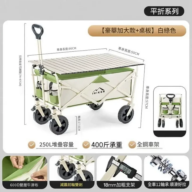 IHiKER 可折疊露營拖車 戶外野餐營地車 160L容量 200斤承重 全鋼車架 靜音萬向輪, 250L 豪華加大款 一 白綠 桌板 雙剎飛機輪 全鋼車架, 1個, 1層