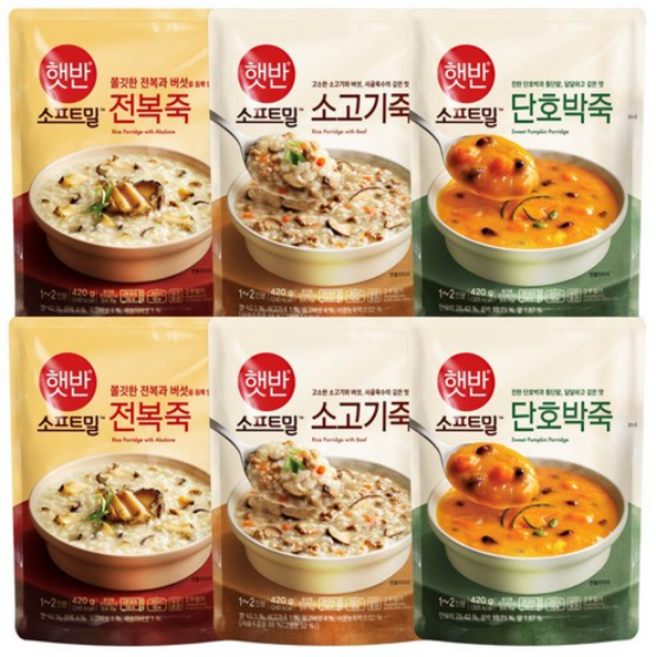 비비고 전복죽450gx2개+소고기죽450gx2개+단호박죽450gx2개, 1세트, 420g