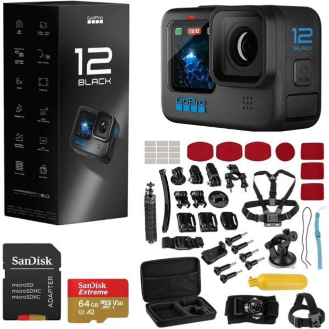 고프로 히어로 12 블랙 방수 액션 카메라 53K60 울트라 HD 영상 27MP 사진 HDR 라이브 스트리밍 웹캠 안정화 + 번들 세트 64GB 카드 47개 액세서리 키트, 고프로 히어로12