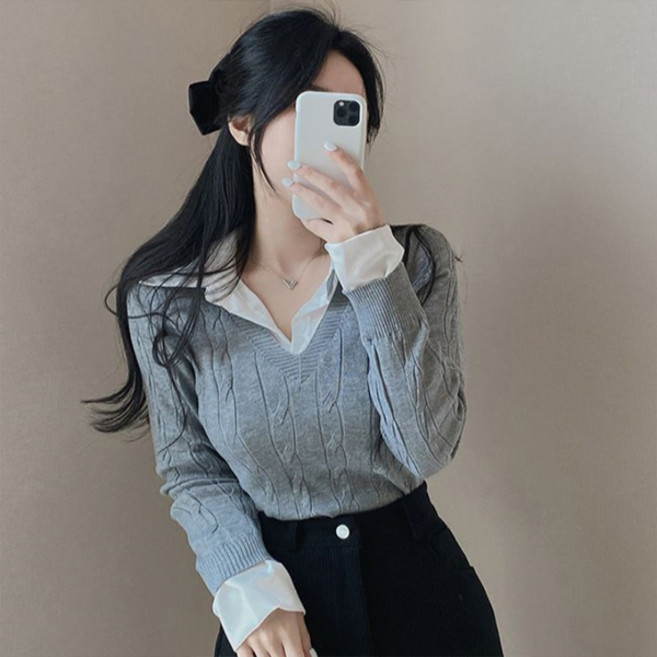 라라홀리 러블리 페이크 셔츠 레이어드 꽈배기 니트