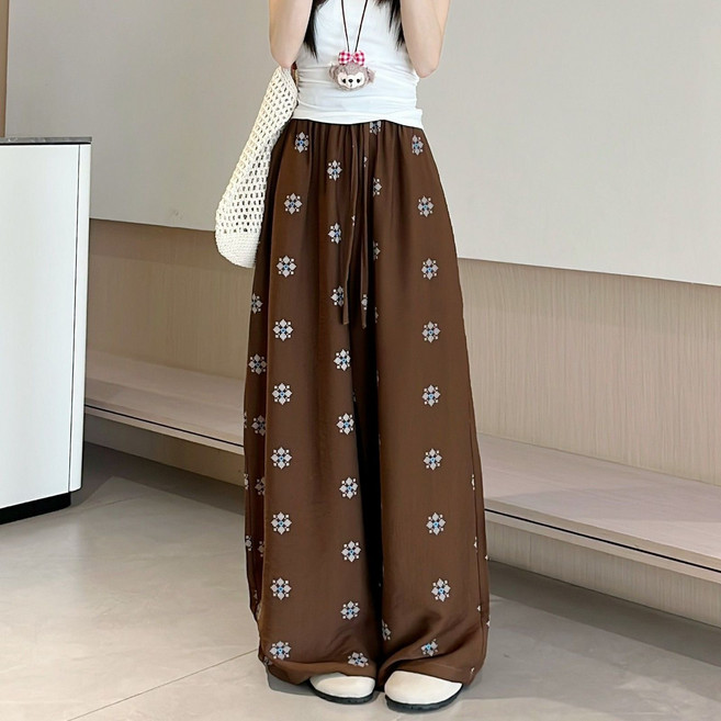 Makone 여성 린넨 와이드 팬츠 빅사이즈 프린트 슬랙스 캐주얼 바지 롱