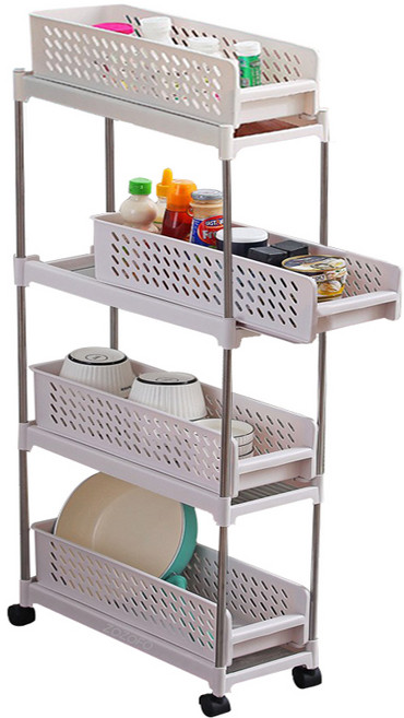 ZOZOFO 슬림 틈새 서랍장 이동식 틈새 선반 주방 거실 틈새 선반 냉장고 세탁기 옆 수납장 수납함, 4단