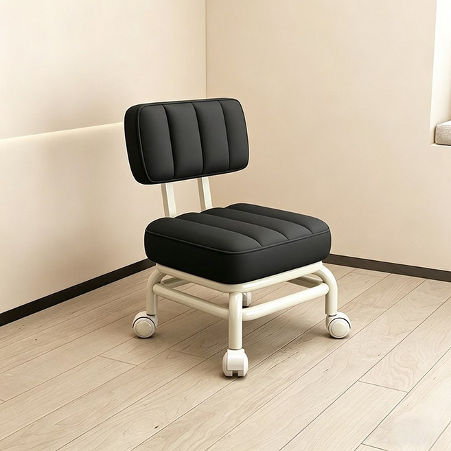 WHH 바퀴 가죽 스툴 미니 등받이 현관 의자, 블랙