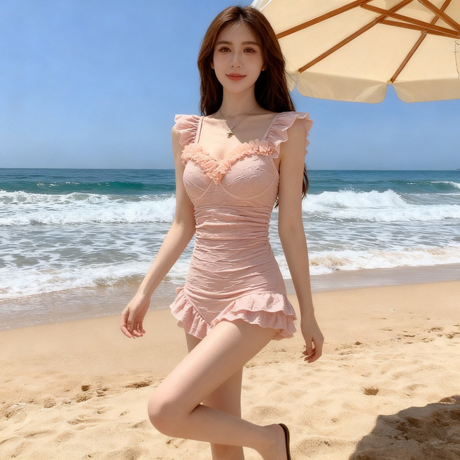 泳衣女2026新款性感絕美連體高級感吊帶荷葉邊遮肚顯瘦度假泡溫泉, XL110-120斤