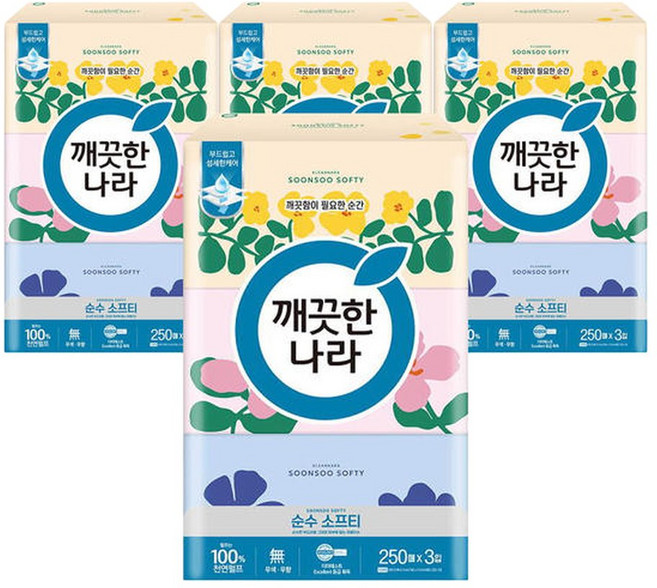 깨끗한나라 순수소프티 250매 3입x4팩 미용티슈 각티슈, 12박스