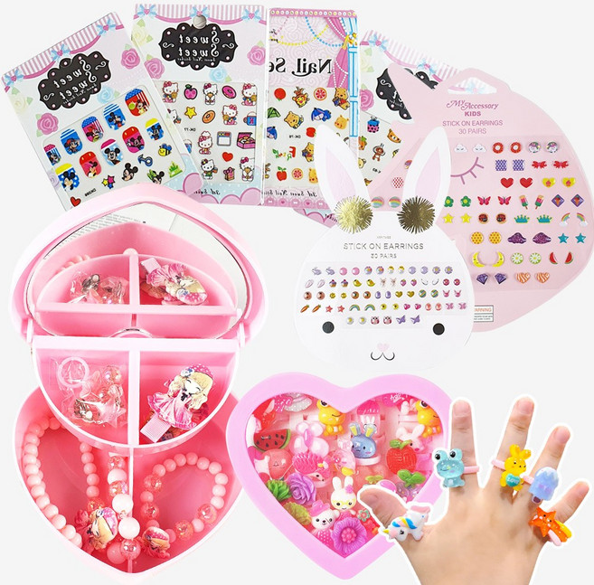 유아동 어린이반지 선물추천 쥬얼리 세트 귀걸이 네일 스티커 하트케이스 캐릭터반지 (1+1)