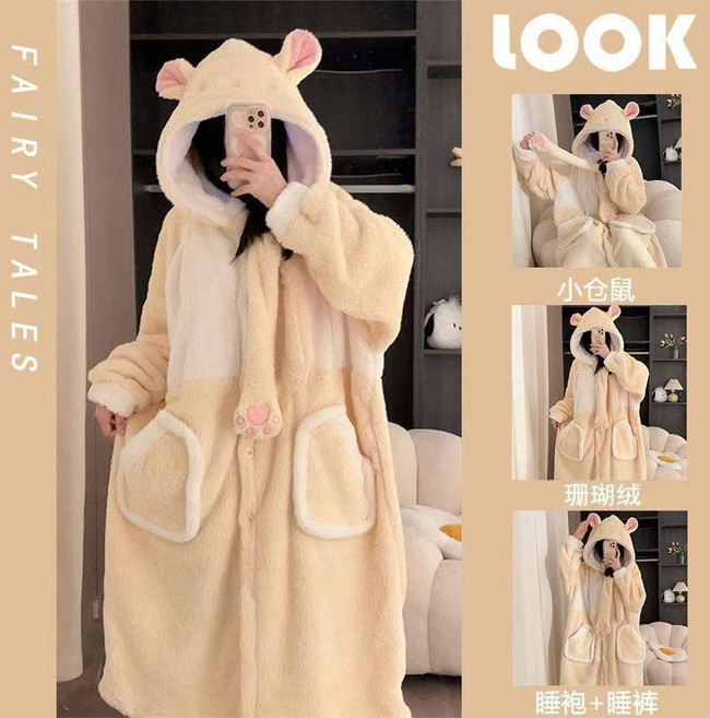 여성 겨울 극세사 햄스터 파자마 가운 후드 홈웨어 롱