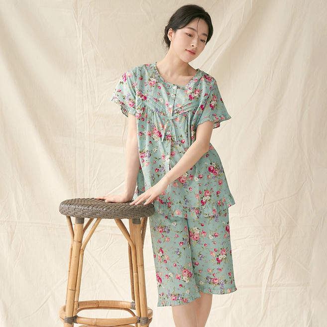 메이플라워 민트장미 반팔 순면 여성 빅사이즈 잠옷 홈웨어 세트