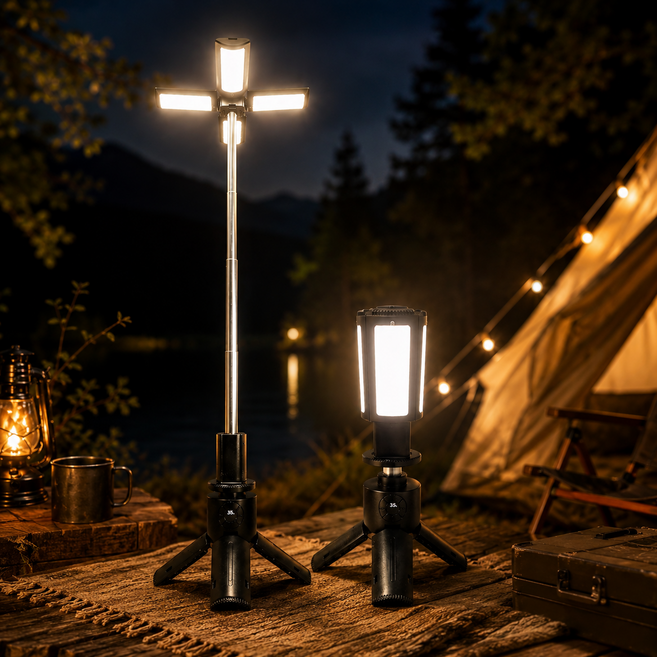 충전식 LED 캠핑등 3in1작업등 1200루멘 높이조절 랜턴 손전등 겸용 USB C타입, 1개, 2단, 검정