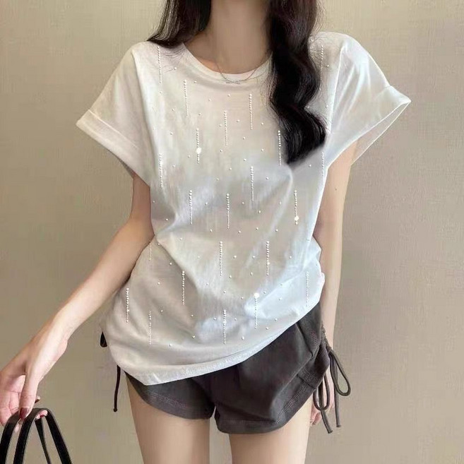 페이준 여성 여름 스팽글 반팔 티셔츠 루즈핏 날씬해 보이는 라운드 블라우스 LN4368