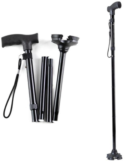 커키 초경량 4발 높이 조절 노인 알루미늄 어르신 접이식 지팡이, 블랙, 1개