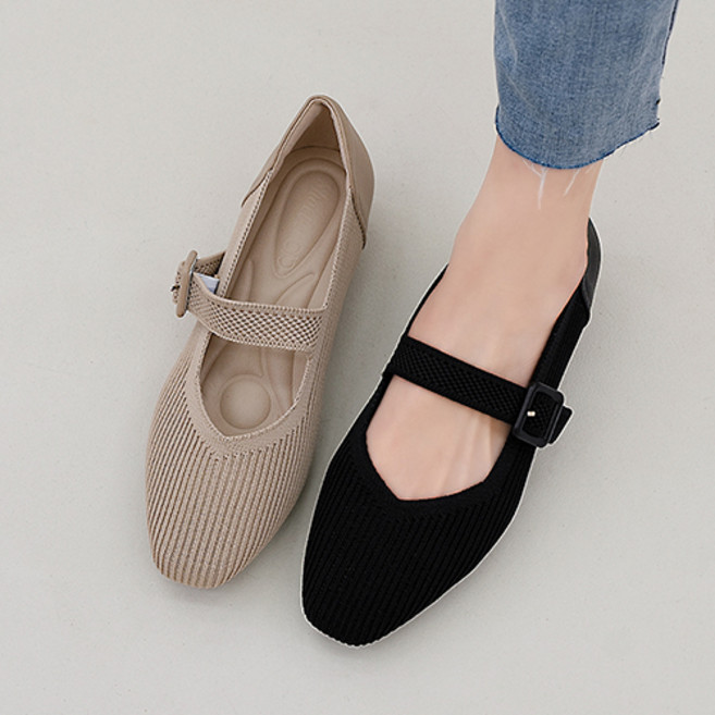 사각코 니트스판 밴딩 플랫슈즈 웨지굽 메리제인 단화