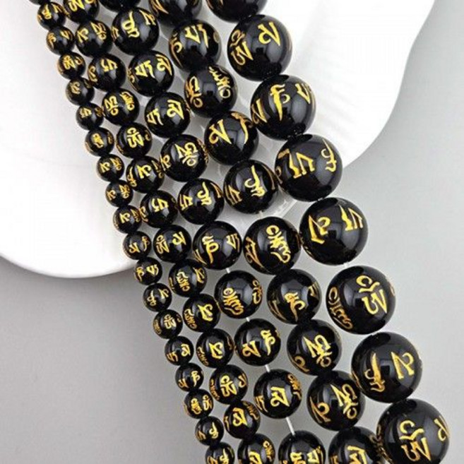 비즈톡 [J1-62-09]원석라운드 12mm 육자진언 옴자볼 옴마니반메훔볼 오닉스 염주팔찌용 반줄(15개)