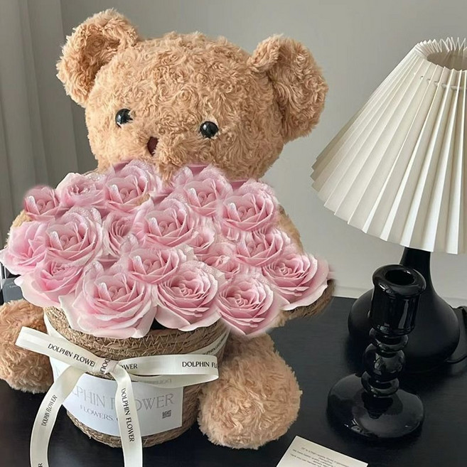 小熊玩偶花束 永生花 抱抱桶 女生生日禮物, 1個, 21朵卡布奇諾花束+40cm泰迪熊:收藏下單送Led燈+賀卡禮袋, 1cm