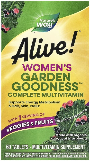 단백질 비타민 철분 마그내슘 칼슘 Nature's Way Alive!® 여성용 Garden Goodness™ 컴플리트 종합비타민 60정 고루고루섭취해주세요, NaturesWayAlive여성용GardenGoodne, 1개 - 쿠팡