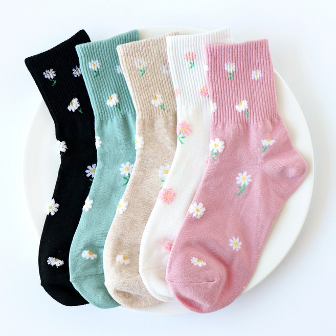 미모양 작은꽃 플라워 빌목 골지 패션 양말 5켤레 세트