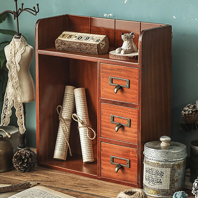 원목 서랍장 3칸 인테리어 레트로 소품 다용도 수납함, 3개