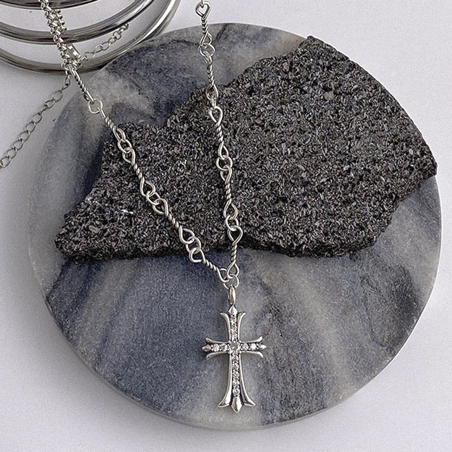 silver 925 크로스 엔틱 실버 목걸이 큐빅 십자가 로프 체인 cross 긴줄 남친선물