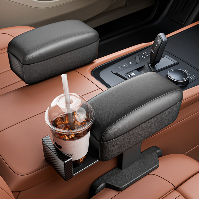 CABULE 차량용 시트 틈새 팔걸이 쿠션 수납함 컵홀더 3in 1 다용도 콘솔쿠션, 블랙/블랙 스티치, 1개