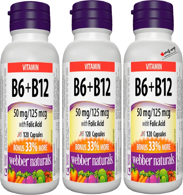 웨버네추럴스 비타민B6+B12 엽산 120정 3병세트 캐나다 코스트코, 3개 - 쿠팡