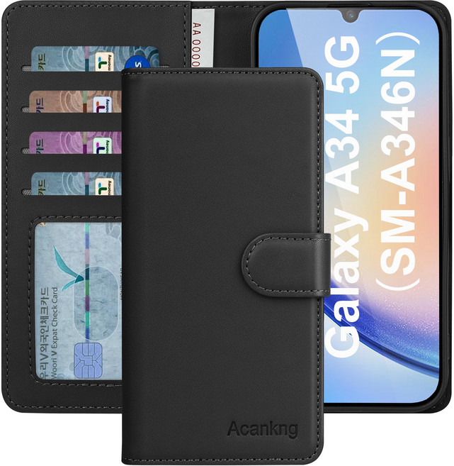 아칸크 삼성 갤럭시 A34 5G 클래식 베이직 지갑형 카드수납 프리미엄 가죽 다이어리 휴대폰 케이스 (SM-A346N) 적용