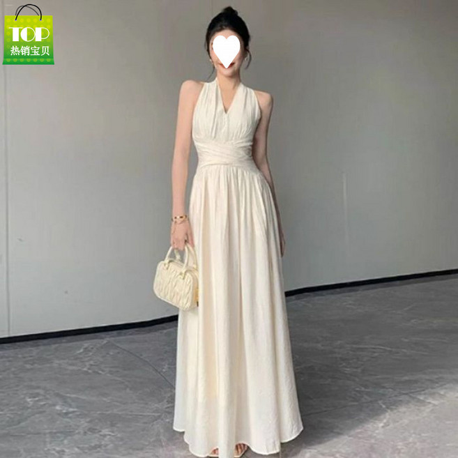 法式修身掛脖連衣裙女2026年夏季新款收腰無袖長裙海邊度假裙熱詞
