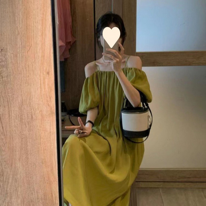 【法式露肩】連衣裙 吊帶裙 一字肩裙 長裙 短袖裙 夏季裙 綠色裙 寬鬆顯瘦 高級感垂感面料 度假約會通勤, GC1122綠色