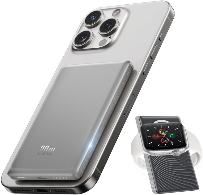 Donerton 마그네틱 무선 충전 일체형 맥동 안전 보조 배터리 PD+QC 20W 급속 충전, 회색