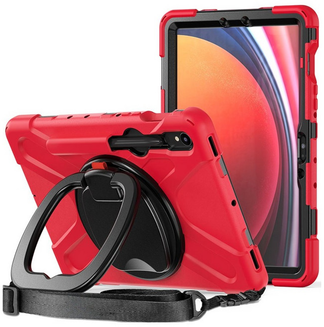 갤럭시탭s9울트라케이스 스트랩 스마트링 펜보관 범퍼 가죽 블랙 14.6인치 스탠딩 케이스, 레드, 1개