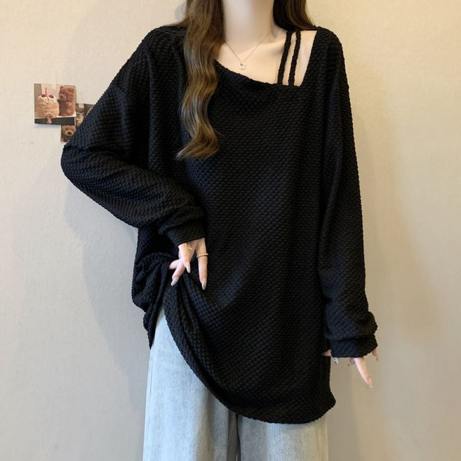 봄 가을 여자 라운드넥 롱 티셔츠 여성용 빅사이즈 언발란스 솔리드 티셔츠 루즈핏 미디 상의 LCL