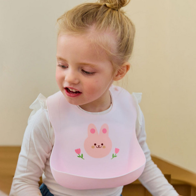 따블리에 실리콘 아기 턱받이 이유식용 자기주도 방수 포켓형, 1개, 1개입, 핑크