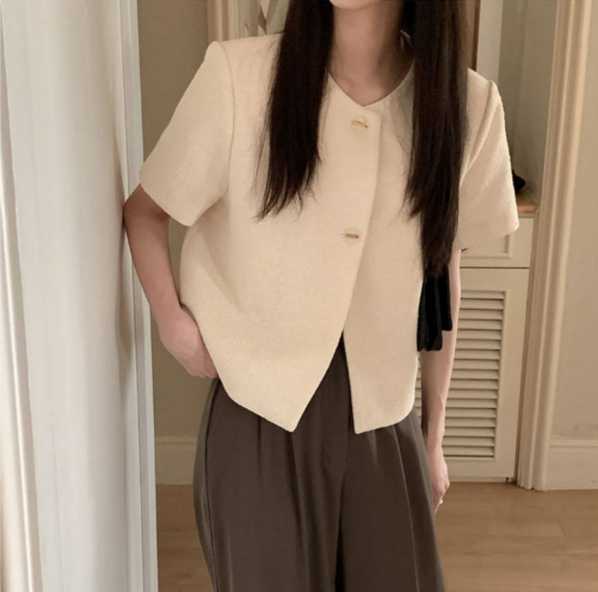 비비디아 Bibidia 2025 여름신상 여성 반팔 자켓 트위드 쇼트 상의 캐주얼 정장 재킷 5479